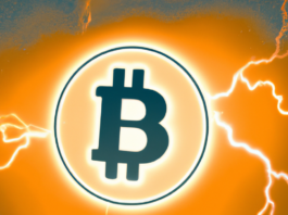The bitcoin logo with a lightning background