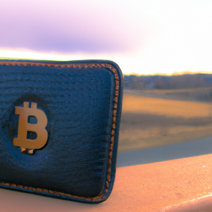 A photo of a leather wallet with the bitcoin logo etched onto it.