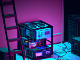 Digital art of a bitcoin mining rig.
