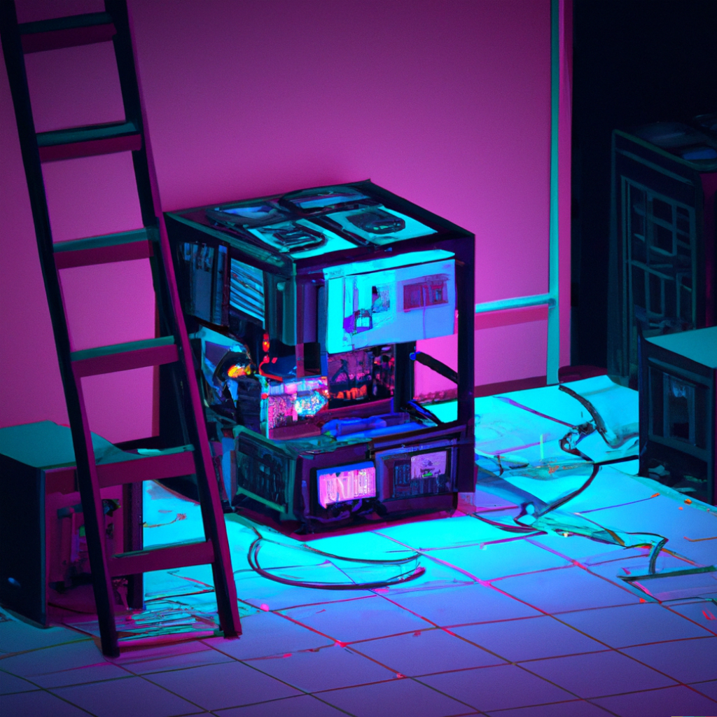 Digital art of a bitcoin mining rig.