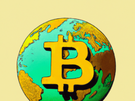 Digital art of the bitcoin logo sitting on top of a globe.