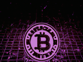 Digital art of the Bitcoin logo with a purple background.