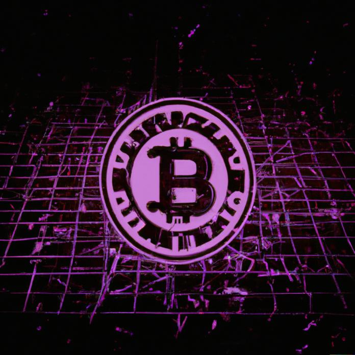 Digital art of the Bitcoin logo with a purple background.