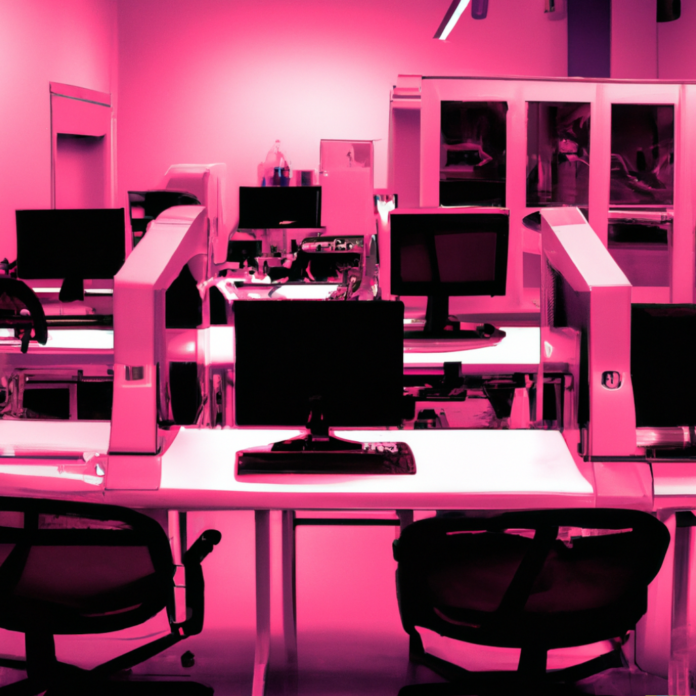 Digital art of a computer lab.