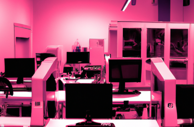 Digital art of a computer lab.