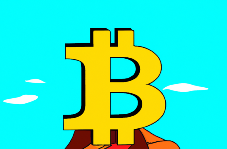 Digital art of the bitcoin logo on a mountain.