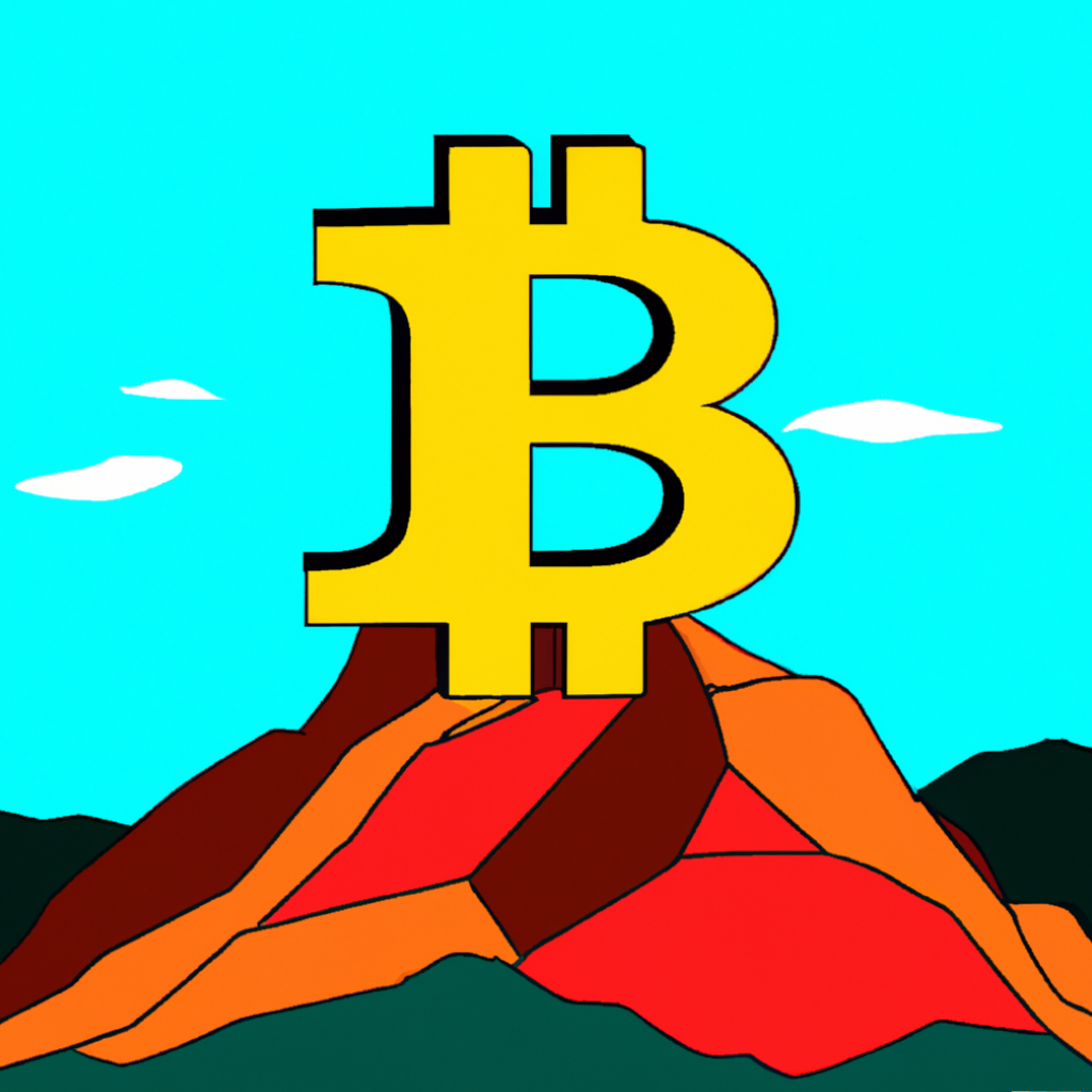 Digital art of the bitcoin logo on a mountain.