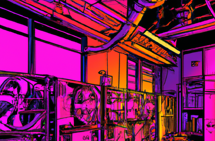 Digital art of a bitcoin mining server.