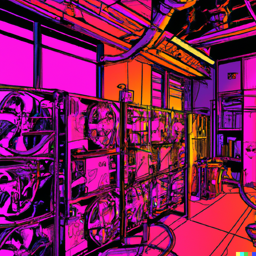 Digital art of a bitcoin mining server.